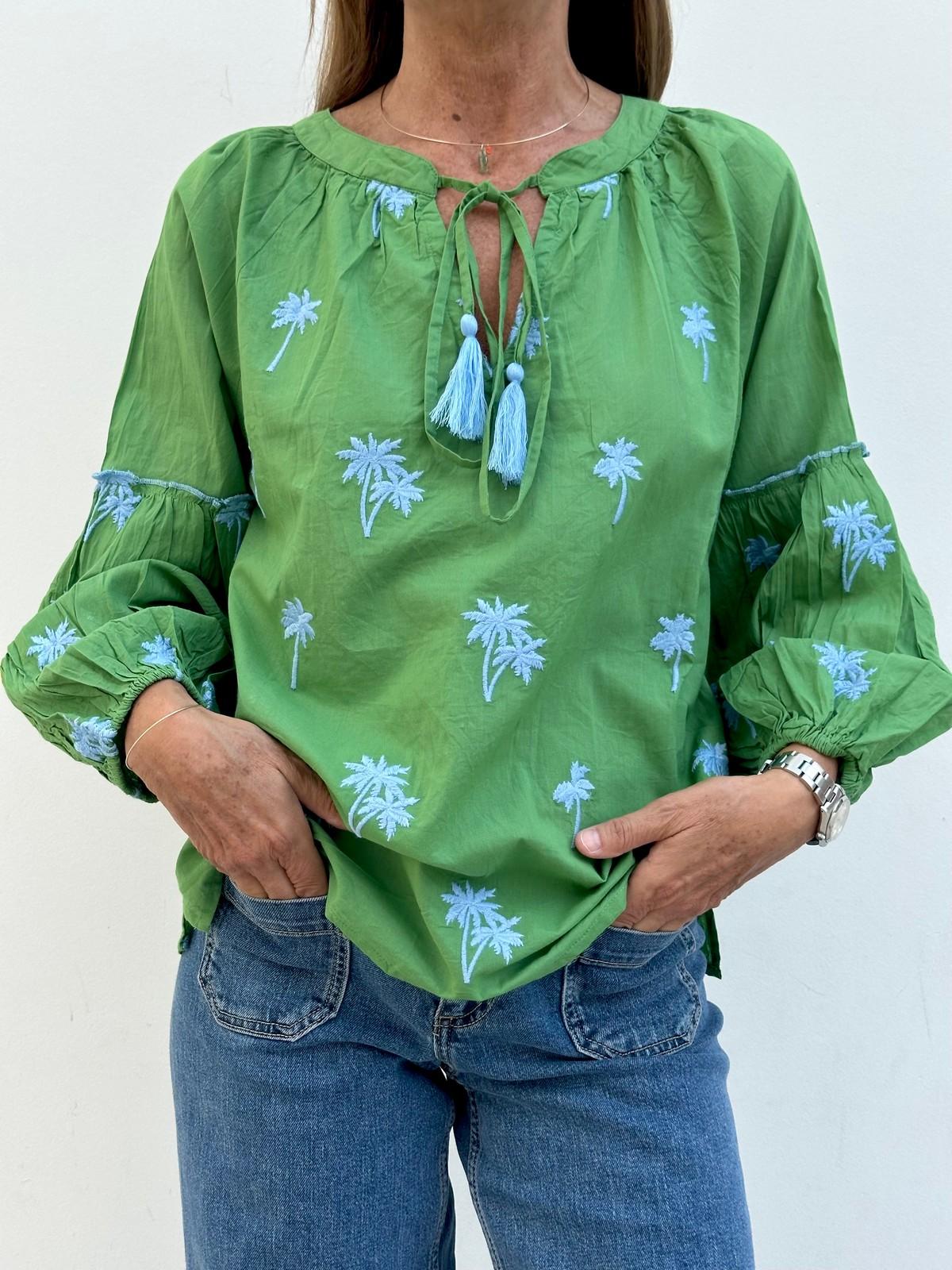 CAMICIA PALMA AZZURRA FONDO VERDE PALMAC VERDEAZZ CASA DEL BIANCO