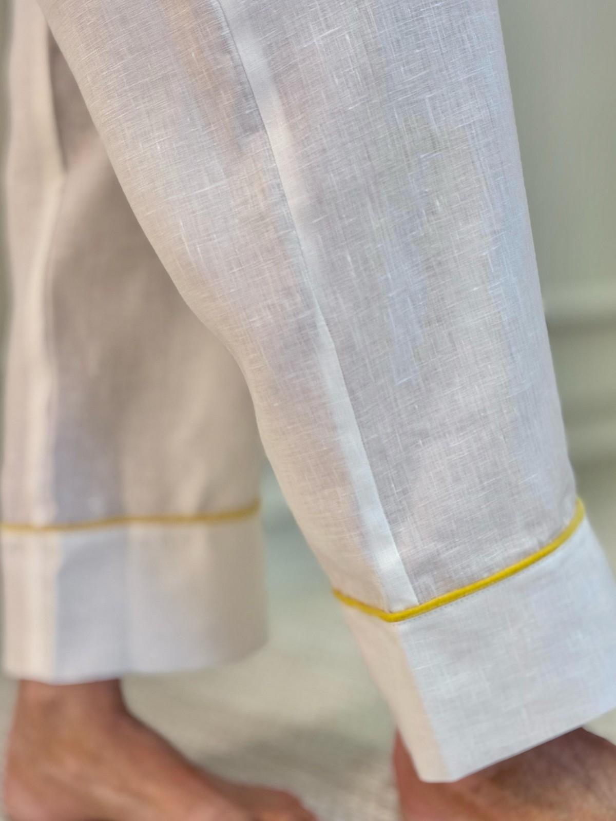 PIGIAMA DONNA IN LINO BIANCO PROFILO GIALLO