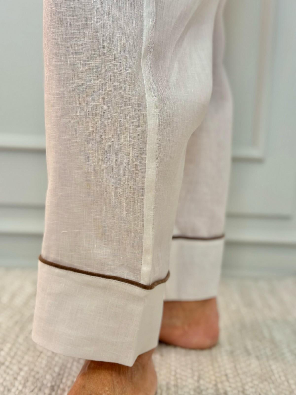 PIGIAMA DONNA IN LINO BIANCO PROFILO MARRONE