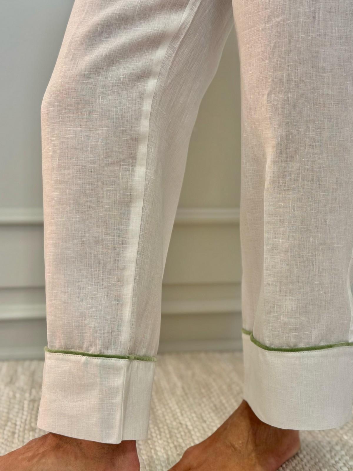 PIGIAMA DONNA IN LINO BIANCO PROFILO VERDE