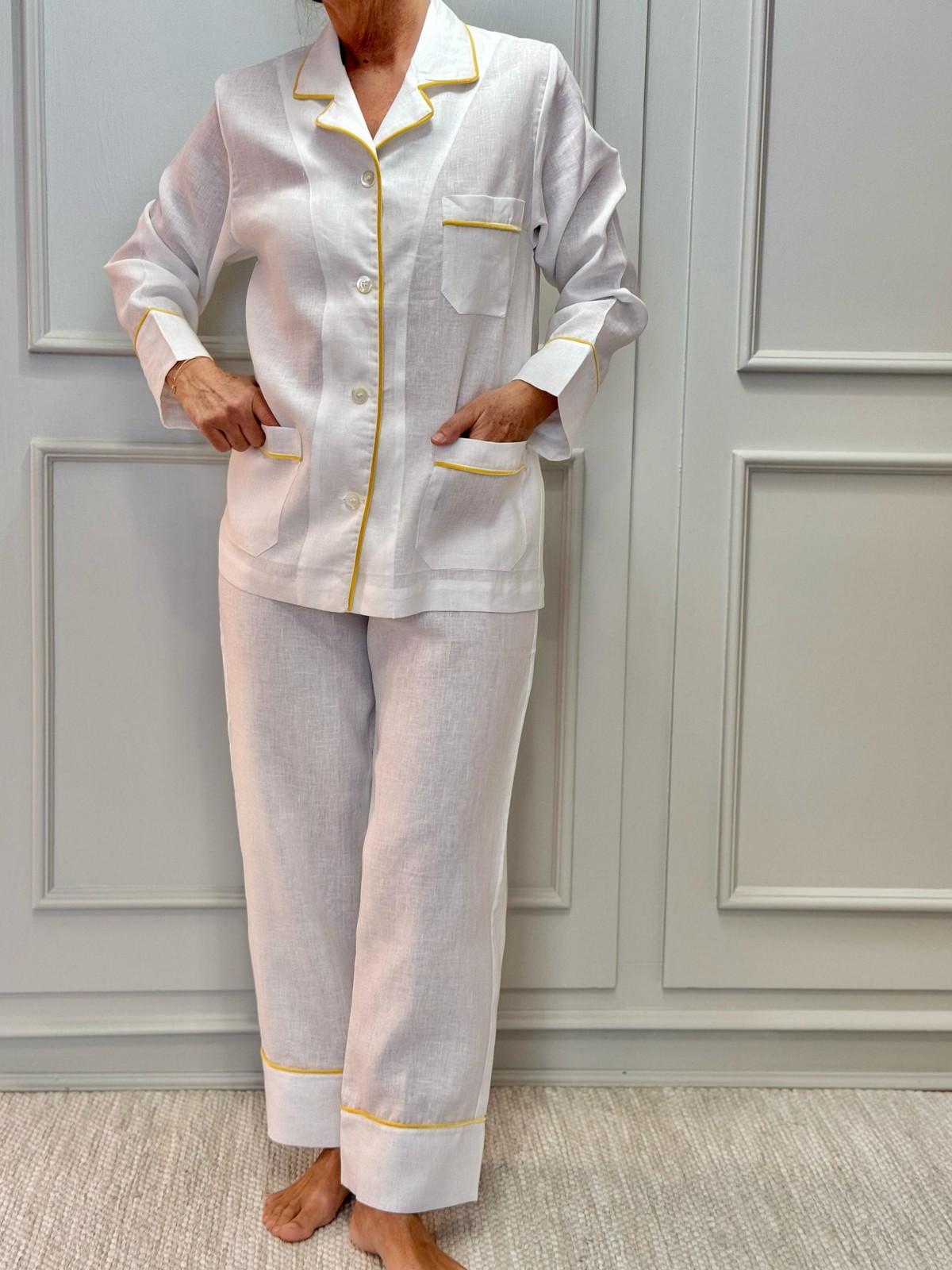 PIGIAMA DONNA IN LINO BIANCO PROFILO GIALLO