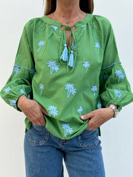 CAMICIA PALMA AZZURRA FONDO VERDE PALMAC VERDEAZZ CASA DEL BIANCO 