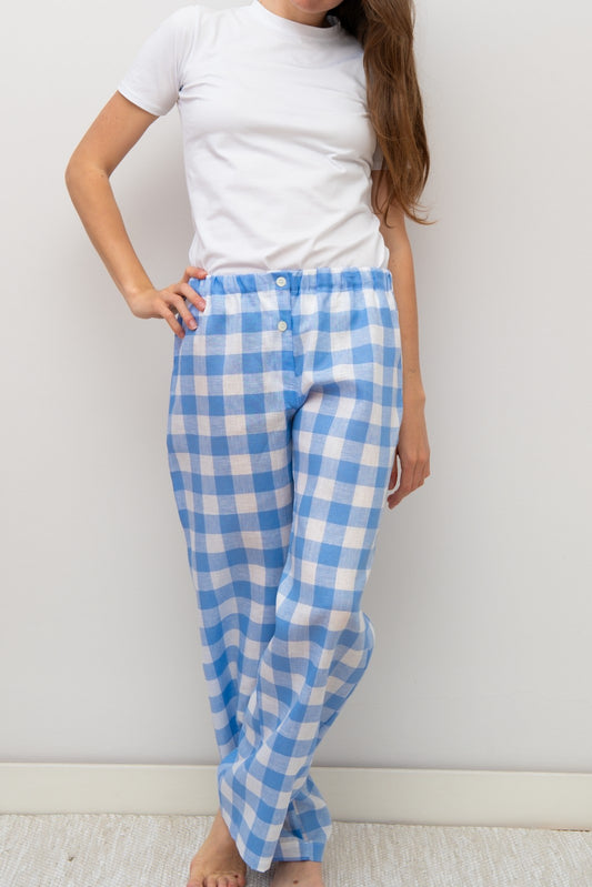 PANTALONI LINO QUADRONE AZZURRO PADIQDR AZZ SILVIA SCALMANA 