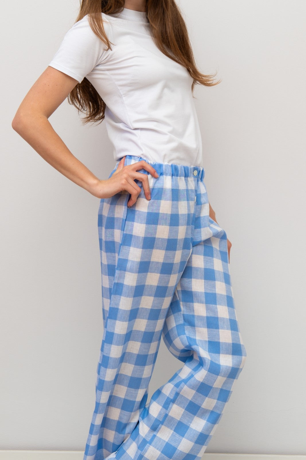 PANTALONI LINO QUADRONE AZZURRO PADIQDR AZZ SILVIA SCALMANA 