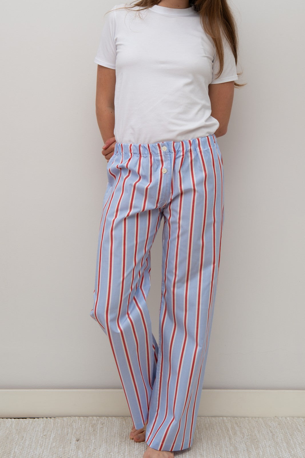 PANTALONI POPELINE DONNA RIGA FONDO AZZURRO/ROSSO PADPRFO AZZROS SILVIA SCALMANA 