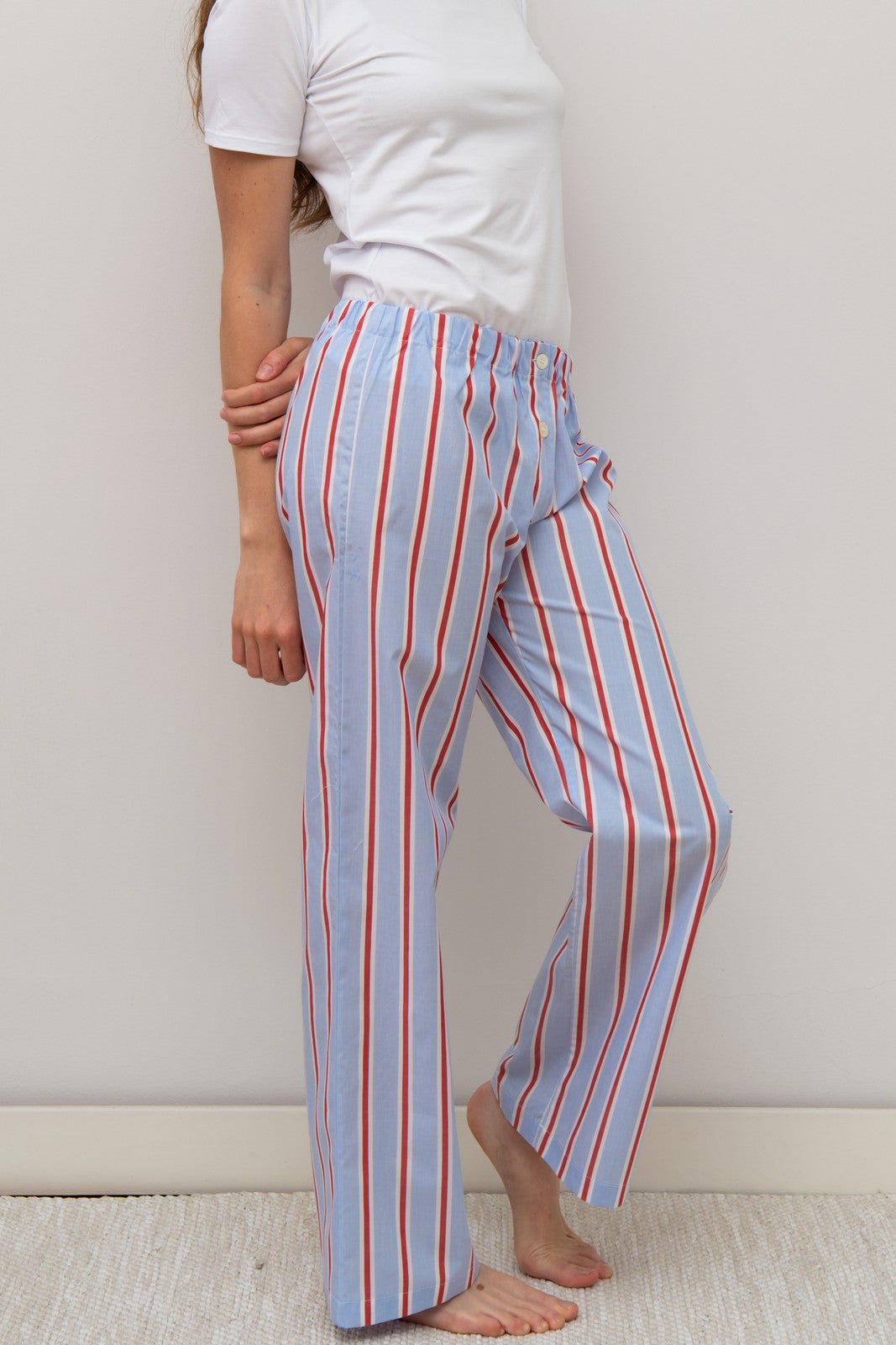 PANTALONI POPELINE DONNA RIGA FONDO AZZURRO/ROSSO PADPRFO AZZROS SILVIA SCALMANA 