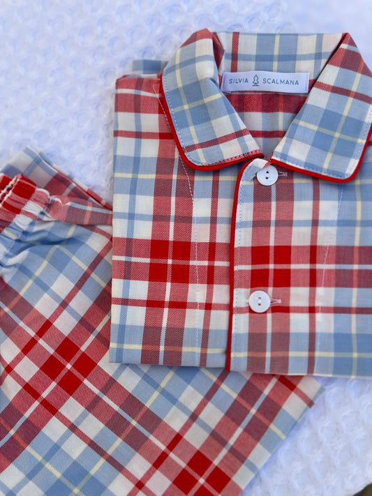 PIGIAMA BAMBINO IN FLANELLA SCOZZESE AZZURRO/ROSSO