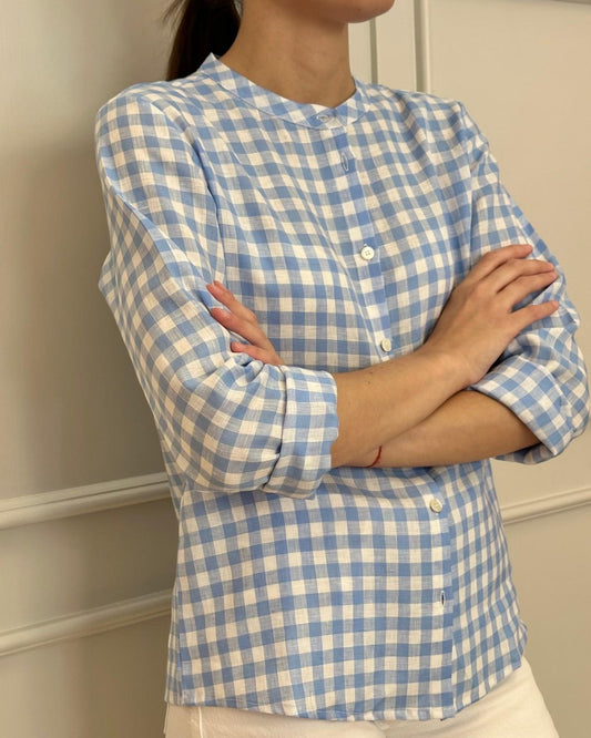 CAMICIA COREANA DONNA IN LINO QUADRO AZZURRO CKDIQDR AZZ SILVIA SCALMANA 