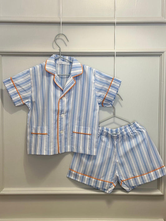 PIGIAMA CORTO BAMBINO RIGONE AZZURRO PROFILO ARANCIONE