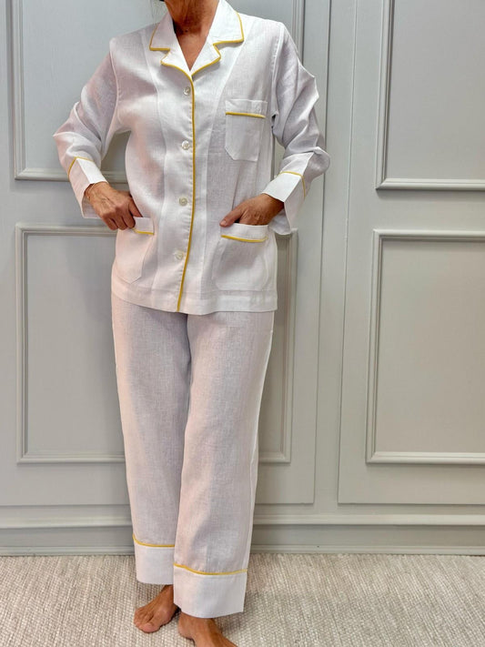 PIGIAMA DONNA IN LINO BIANCO PROFILO GIALLO