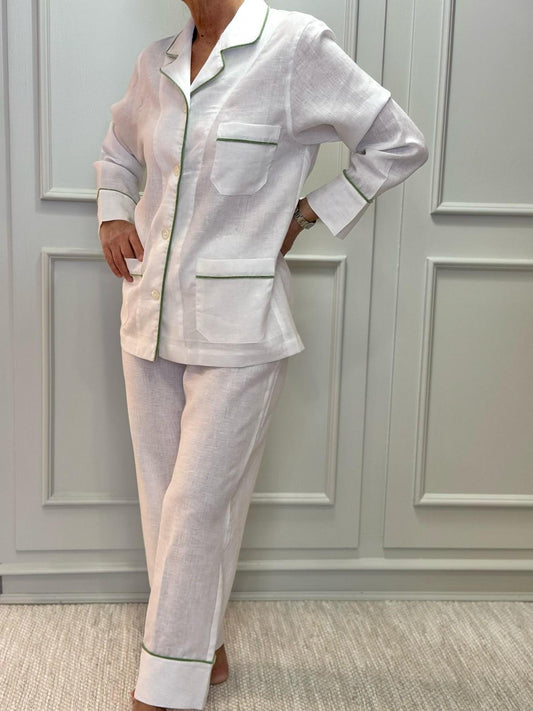 PIGIAMA DONNA IN LINO BIANCO PROFILO VERDE