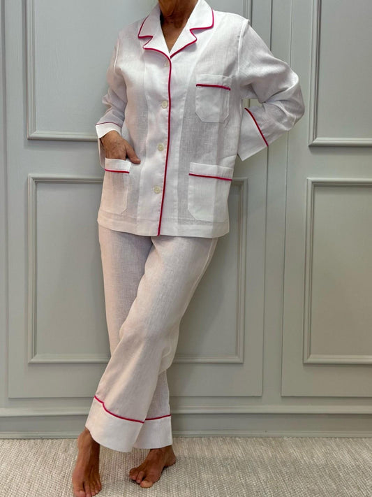 PIGIAMA DONNA IN LINO BIANCO PROFILO FRAGOLA