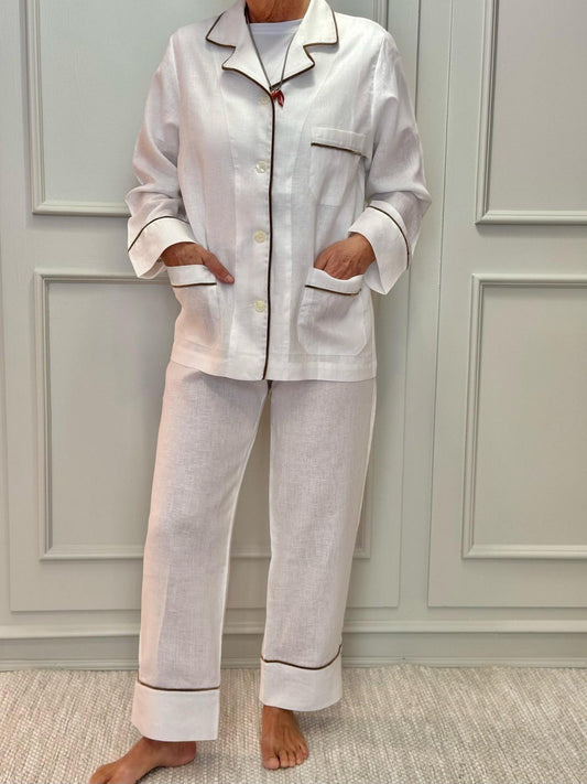PIGIAMA DONNA IN LINO BIANCO PROFILO MARRONE
